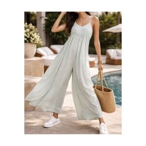 Anthro Lilka Halsey Mint Wide Leg Jumpsuit Small Embroidered Boho Resort *FLAW